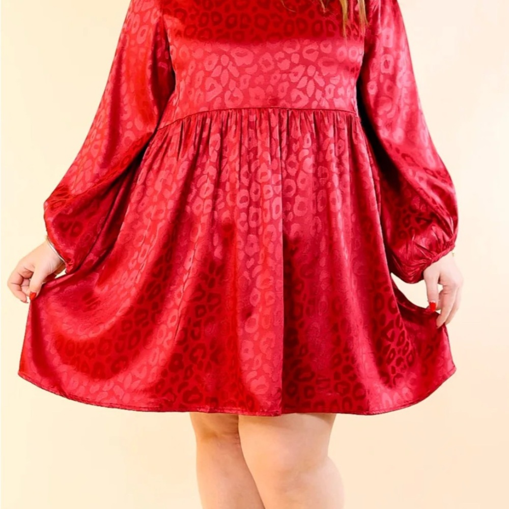 Umgee Dark Red Satin Babydoll Leopard‎ Print Dress Size Small Holiday Christmas
